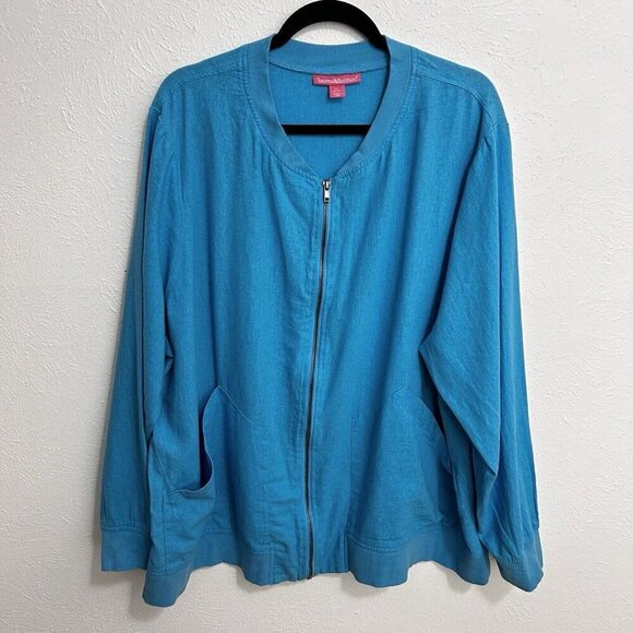 Woman Within Size 2X (18 / 20) Jacket Zipper Front Linen Rayon Blend Cyan Blue - Picture 5 of 12